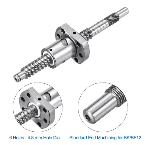 SFU1204 Ball Screw Kit 150mm with Anti Backlash Ball Nut, Standard End Machining for BK BF12, showing 6 holes and end detail