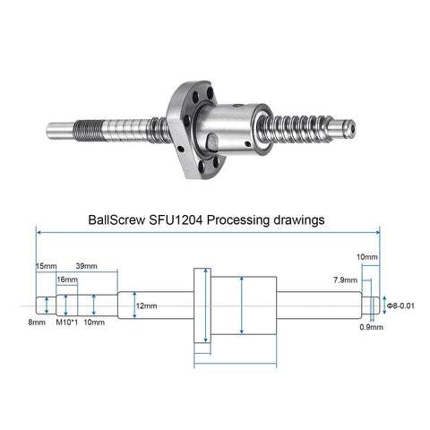 SFU1204 Ball Screw Kit 150mm with Anti Backlash Ball Nut, shown with technical drawings and dimensions.