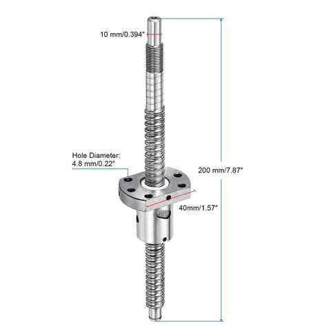 Close-up of SFU1204 Ball Screw Kit 200mm with Anti Backlash Ball Nut, machined ends, 12mm diameter, 4mm lead, bearing steel