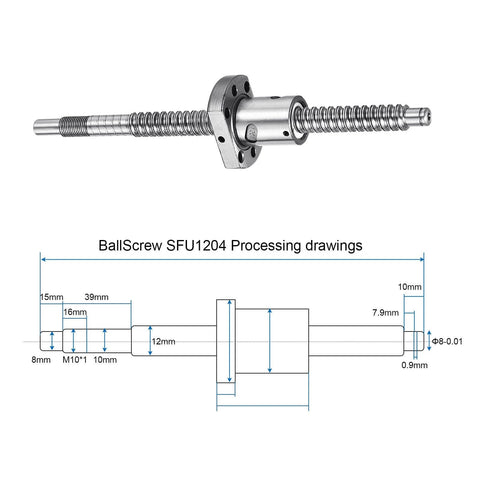 SFU1204 Ball Screw Kit 200mm with Anti Backlash Ball Nut, technical diagram showing 12mm diameter and machining details for CNC use