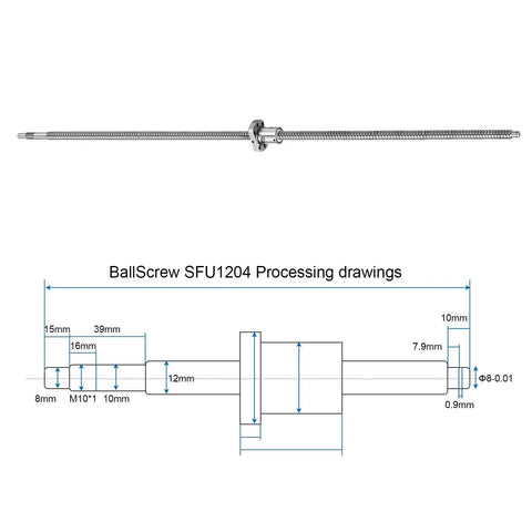 Diagram of BallScrew SFU1204 (Dia 12mm, Lead 4mm, Length 1000mm) with dimensions and machining details for BK/BF12 CNC Machine Parts.