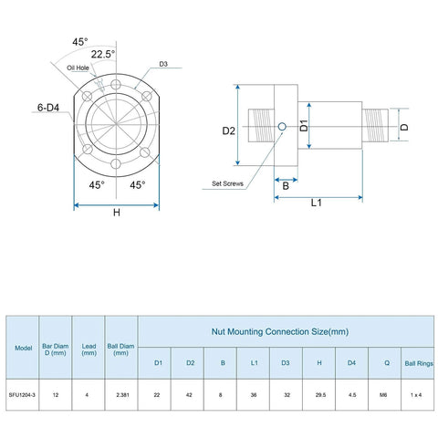 Technical diagram of BallScrew SFU1204 (Dia 12mm, Lead 4mm, Length 1000mm) with Ball Screw Nut Anti Backlash Kit dimensions.