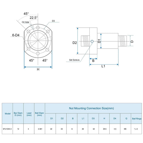 Technical drawing of SFU1204 Ball Screw 12mm Diameter 4mm Lead 800mm Length with specifications in CNC applications.