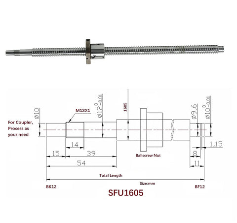 Diagram of 16mm CNC Ballscrew Kit SFU1605 RM1605 Anti-Backlash 400mm Ball Screw with BK12 BF12 Supports