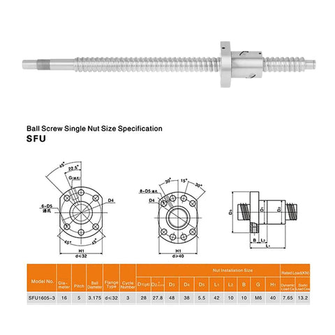 SFU1605 300mm Rolled Ball Screw With Ball Nut Anti Backlash for CNC Machines, shown with specifications and diagrams