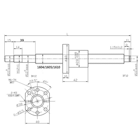 Technical drawing of 900mm SFU1605 CNC Ball Screw Assembly with Ballnut, BK12 BF12 Supports & Coupler