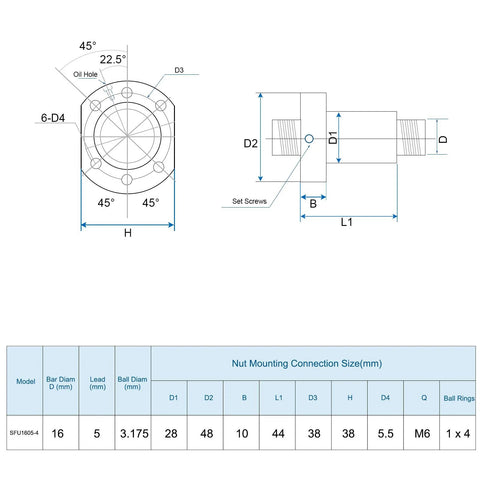 Technical drawing and dimensions table for SFU1605 Ball Screw Assembly 16mm Diameter Lead 5mm 700mm Length With Anti Backlash Nut For BK BF12 CNC Machines.
