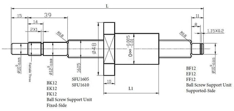 Technical diagram of ✝️ Ball Screws SFU1605 Set SFU1605 Rolled Ball Screw C7 End Machined, dimensions and part details shown.