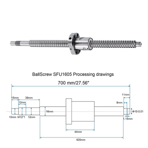 SFU1605 Ball Screw Assembly 16mm Diameter Lead 5mm 700mm Length With Anti Backlash Nut For BK BF12 CNC Machines diagram