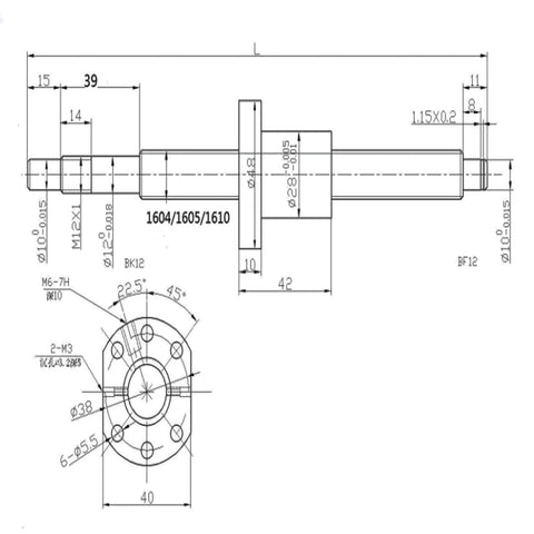 Technical diagram of SFU1605 Ball Screw Kit 550mm for CNC Machines 16mm Diameter Lead 5mm with end supports and ball nut housing.