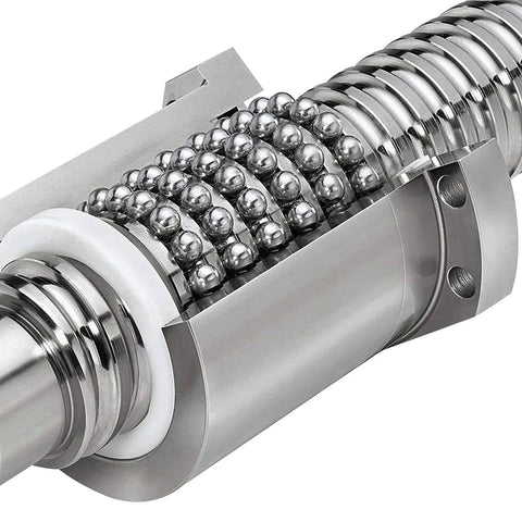 Close-up of Ball Screw CNC Parts SFU1605 Screw＋NUT, showcasing 16mm diameter, 5mm lead, for CNC Machine DIY and industrial use