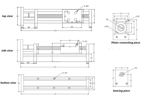 Technical drawings of SFU1605 linear slide table with 300mm stroke, single rail ball screw CNC actuator, top and side views.