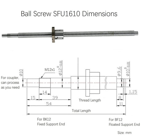 Technical diagram of ✝️ SFU1610 CNC Ball Screw 1016mm 40in with Anti Backlash Nut for BK12 BF12 showing dimensions and specifications.