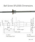 Technical diagram of SFU2005 19.69" / 500mm Anti Backlash Nut 20mm Linear Motion Ball Screws Kit dimensions