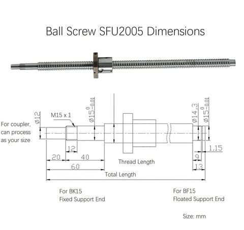 Technical diagram of SFU2005 19.69" / 500mm Anti Backlash Nut 20mm Linear Motion Ball Screws Kit dimensions