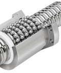 Close-up of SFU2505 Ball Screw Nut Assembly for CNC machines, 25mm diameter, 5mm lead, high precision GCr15 steel, rolled thread C7 accuracy