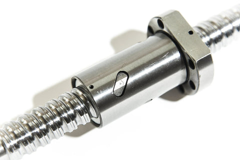 Close-up of SFU2505 Ball Screw Nut Assembly for CNC machines, 25mm diameter, 5mm lead, GCr15 steel, rolled thread.
