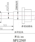 Technical drawing of Ball Screw SFU2505 with dimensions for CNC use, showing 25mm diameter, 5mm lead, 750mm length, and anti-backlash setup.