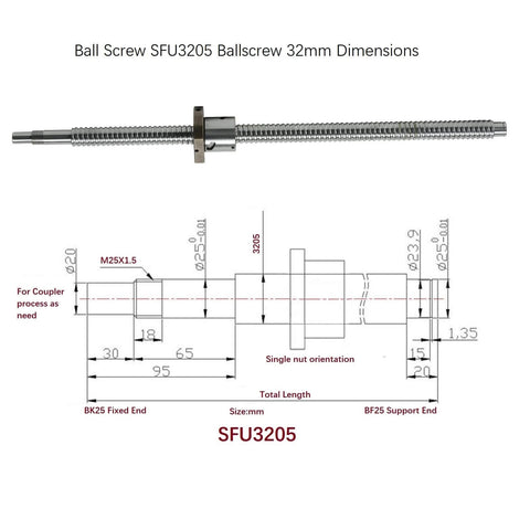 SFU3205 Linear Motion Ball Screw 400mm with Anti Backlash Nut showing dimensions and measurements for BK25 BF25 CNC machines.