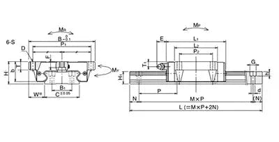 Technical diagram of ✝️ SGW21TE NB made in Japan 21mm Miniature Square Slide Unit Block Linear Motion - no seals, showing dimensions.