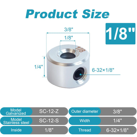 Four Piece 1/8 Inch Bore Shaft Collar Set Zinc Plated Solid Steel With Set Screw 3/8 Inch Outer Diameter And 1/4 Inch Width