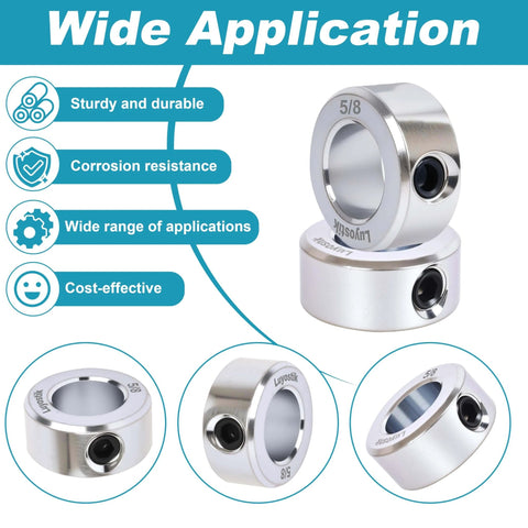 4pcs 5/8" bore Shaft Collar,5/8" bore Solid Steel Style zinc Plated Set Screw Shaft Collars,1-1/8" OD, 1/2" Width, for Wheel Barrow Axle, Gearbox Assemblies, Machine Tools, Industry, shown in multiple views highlighting corrosion resistance and versatility
