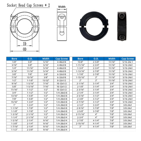 Diagram chart and image of Four Pack Double Split Clamp On Shaft Collar Set For Half Inch Bore In 1045 Steel With M4 Set Screws.