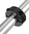 Secure, clamp-on double split shaft collars in a 4-pack installed on a metal rod, showing M4 screws and high-strength 1045 steel.