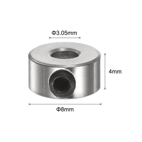 Close-up of 10pcs Set Screw Collars 3.05mm Bore Shaft Collars, 8mm OD, 4mm Width, nickel-plated carbon steel wheel collar.