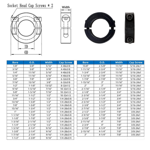 Diagram and image of (4-Pack) Shaft Collar 1" Bore, 1045 Steel Double Split Clamp-On Shaft Collars Style, with M4 Set Screws.