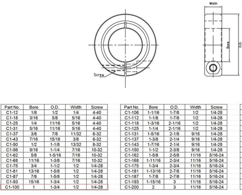 Technical diagram of Single Split Clamp-On Shaft Collar of Metal Material 1 inch Bore Set Screw with specifications table.