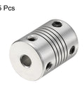 Five Pack Aluminum Shaft Couplings 5mm To 10mm Flexible Motor Couplers For CNC Machines And 3D Printers, 19mm OD, silver tone close-up
