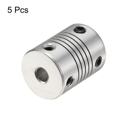 Five Pack Aluminum Shaft Couplings 5mm To 10mm Flexible Motor Couplers For CNC Machines And 3D Printers, 19mm OD, silver tone close-up
