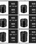 Six black L-jaw couplings with Buna-N NBR rubber spiders, sizes L075 to L110 shown