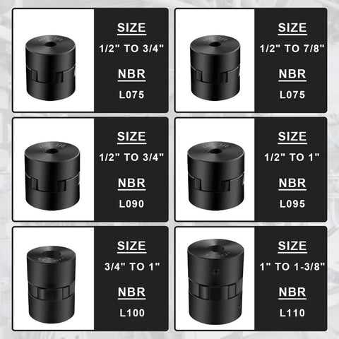 Six black L-jaw couplings with Buna-N NBR rubber spiders, sizes L075 to L110 shown
