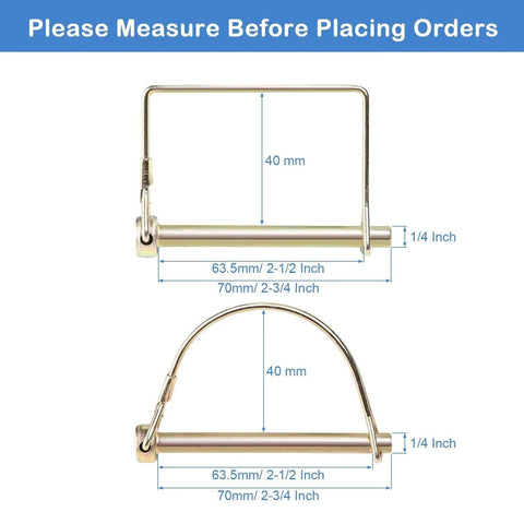 Measurement diagram for 20 Piece Shaft Locking Pins Set One Quarter Inch Diameter Two And One Half Inch Length Square And Arch Safety Pins