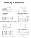 Diagram showing machining processes: threading, reducing shaft diameter, coaxial hole drilling, key way, snap ring grooves, and chamfering.