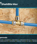 SharkBite Max Half Inch Push To Connect Brass Tee Fitting For PEX Copper CPVC PE RT SDR 9 HDPE Pipes Between Two Same Sized Pipes In Any Combination Quick Install No Solder Glue Or Tools Required UR362A installed on blue PEX pipes
