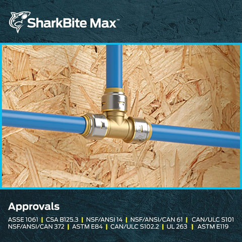 SharkBite Max Half Inch Push To Connect Brass Tee Fitting For PEX Copper CPVC PE RT SDR 9 HDPE Pipes Between Two Same Sized Pipes In Any Combination Quick Install No Solder Glue Or Tools Required UR362A installed on blue PEX pipes