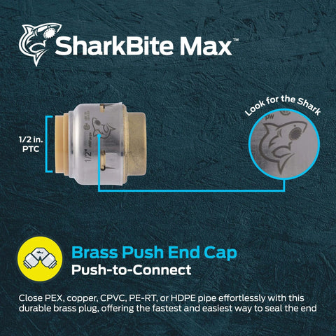 Half Inch Push Cap For PEX Copper CPVC PE RT HDPE Pipes Push To Connect Brass Plumbing Fitting SharkBite Max UR514A Cap End Plug