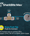 SharkBite Max Half Inch Push To Connect Brass Tee Fitting For PEX Copper CPVC PE RT SDR 9 HDPE Pipes Between Two Same Sized Pipes In Any Combination Quick Install No Solder Glue Or Tools Required UR362A