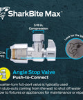 1/2 x 3/8 Inch Compression Angle Stop Valve With Push To Connect Brass Fitting For PEX Copper CPVC PE-RT HDPE SDR-9 Pipes, Quarter Turn Shut Off, SharkBite Max Quick Install No Soldering Or Glue Required UR23036.