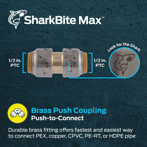 SharkBite Max Half Inch Push To Connect Brass Plumbing Fitting For PEX Copper CPVC PERT SDR 9 HDPE Pipes UR008A shown front view
