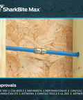 SharkBite Max Half Inch Push To Connect Brass Plumbing Fitting installed on blue pipe between wooden studs