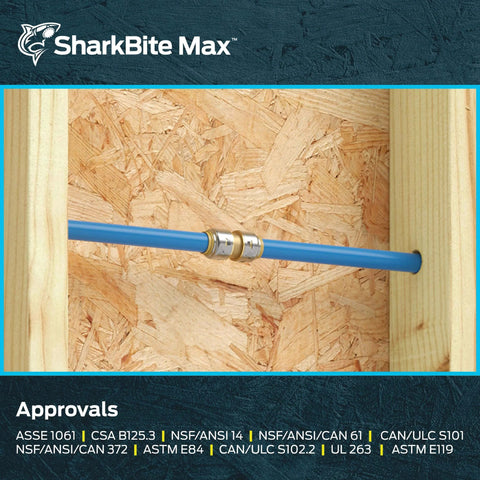 SharkBite Max Half Inch Push To Connect Brass Plumbing Fitting installed on blue pipe between wooden studs