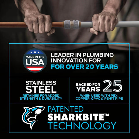 Man holding pipe with SharkBite Max 1/2 inch push-to-connect fitting, highlighting USA-made, stainless steel, and 25-year warranty features.