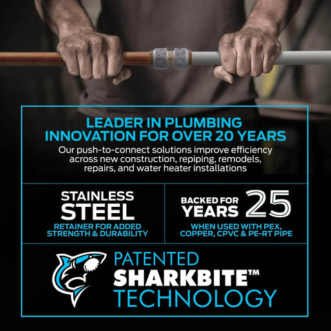 SharkBite Max Half Inch Push To Connect Brass Tee Fitting For PEX Copper CPVC PE RT SDR 9 HDPE Pipes Between Two Same Sized Pipes In Any Combination Quick Install No Solder Glue Or Tools Required UR362A displayed with hands connecting pipes and text describing product benefits and features