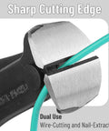 Close-up of Cats Paw Style Nail Puller And Remover End Cutting Pliers cutting a wire, highlighting sharp cutting edge and dual use.