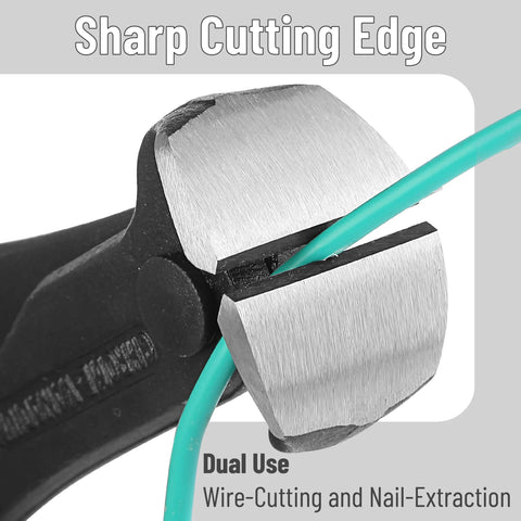 Close-up of Cats Paw Style Nail Puller And Remover End Cutting Pliers cutting a wire, highlighting sharp cutting edge and dual use.