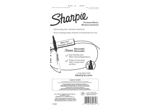 Back packaging of dual-tip permanent markers in a four-pack deliver precise fine lines and broad strokes in black with product details.
